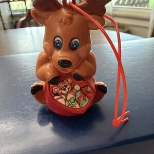Vintage Plastic Reindeer Christmas Ornament Teddy Bear Toy Sack Tree Decoration